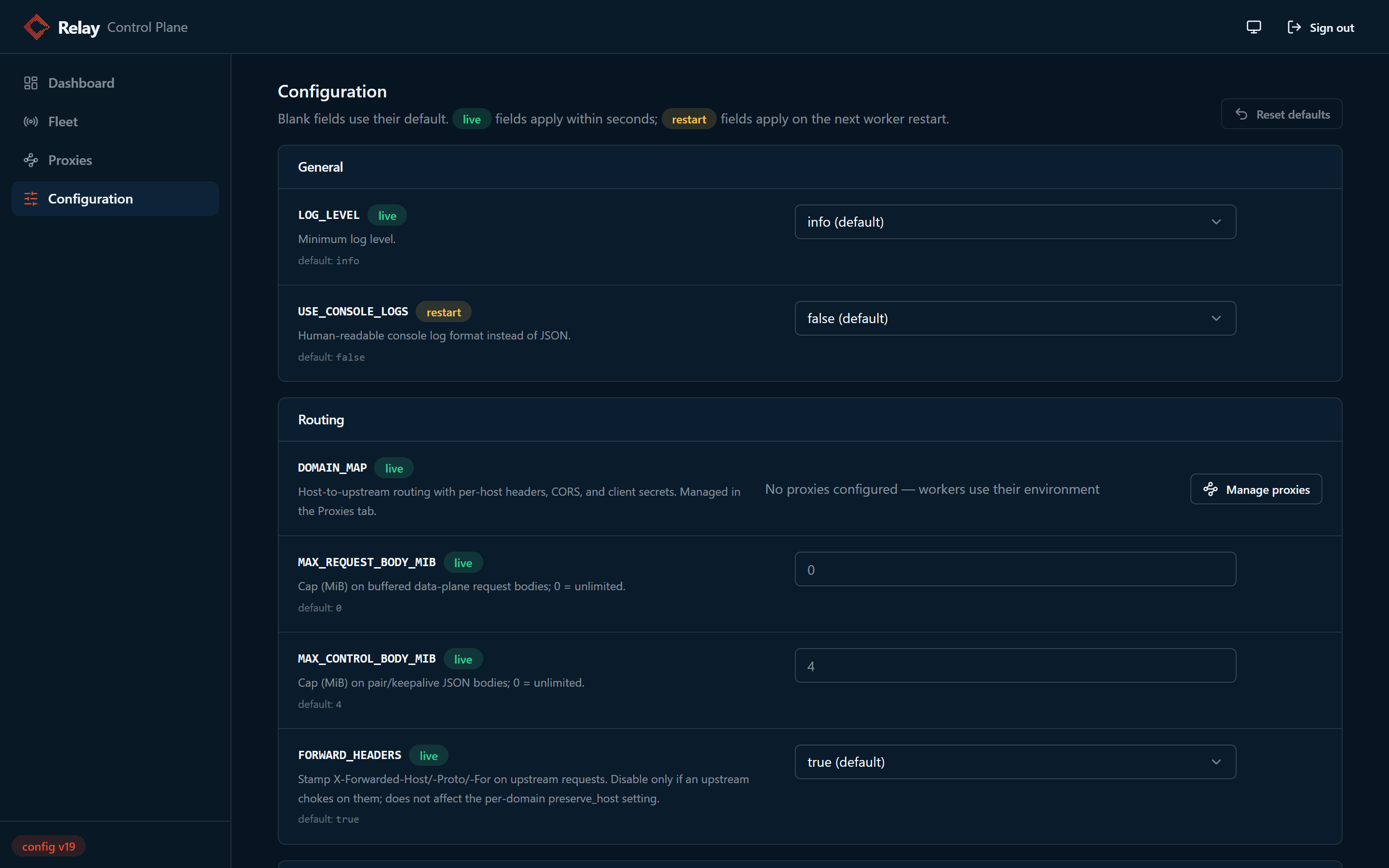 Configuration page showing live and restart badges on fields