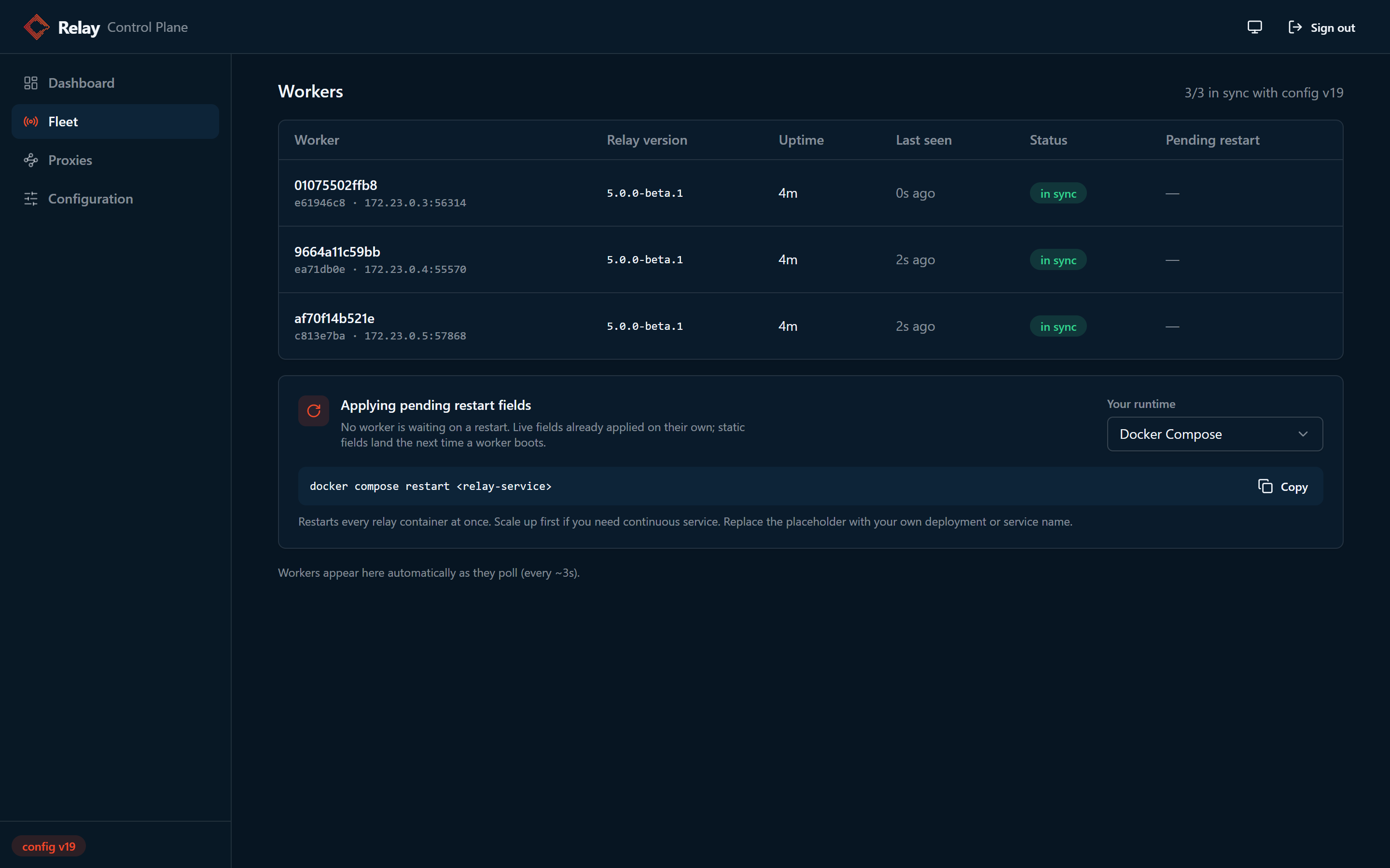 Fleet page showing three workers reporting to a single control plane, all in sync with config version 19