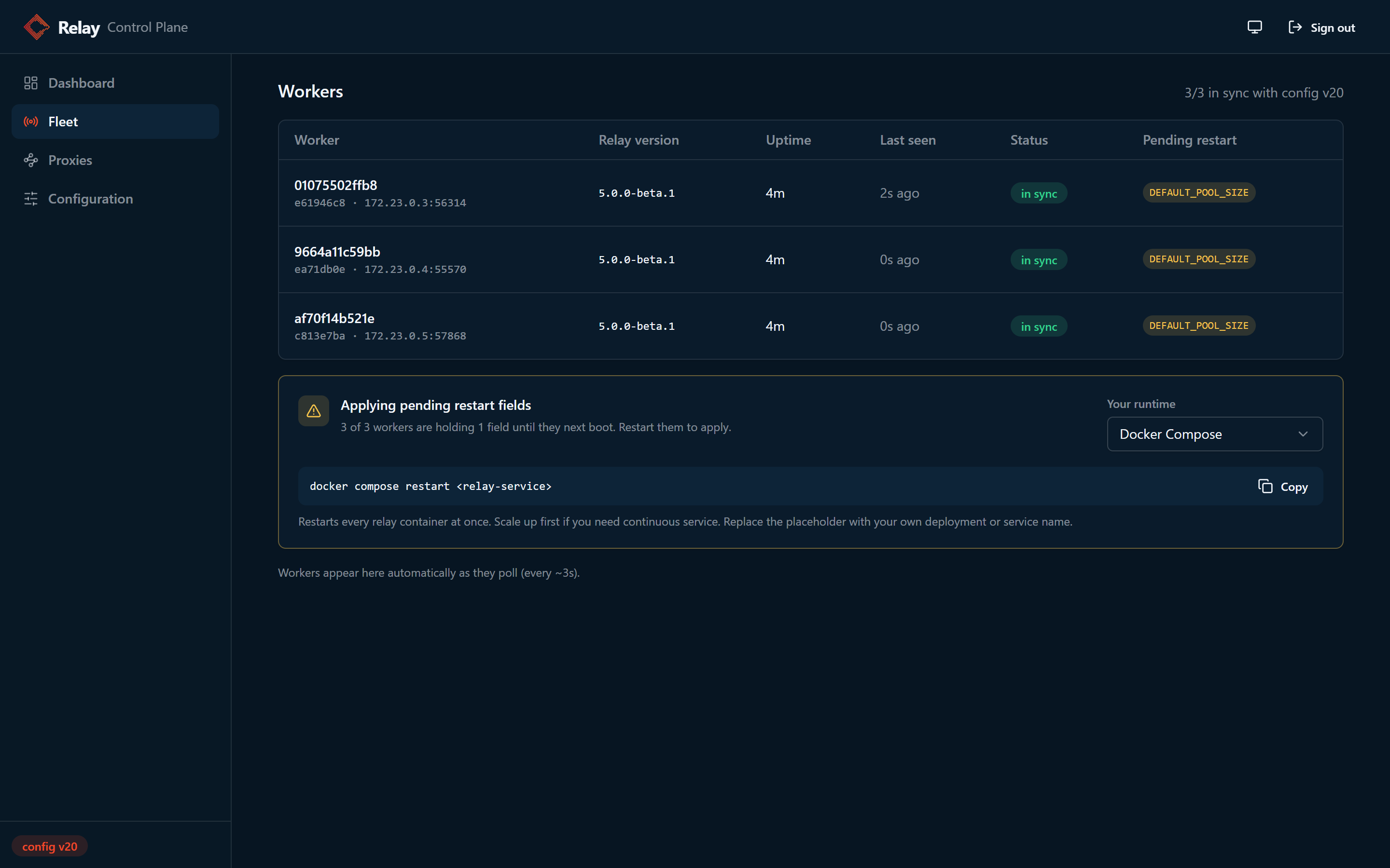 Fleet page with a pending restart badge on each worker and a restart guidance card